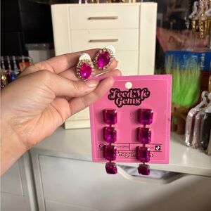 Feed Me Gems Fuchsia Statement Earrings Duo (with non FMG earrings) Lot